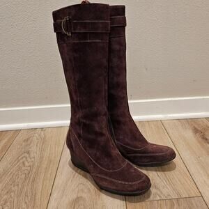 CIRCA JOAN & DAVID Tonia Brown Suede Tall Leather Wedge Heel Boots Size 9